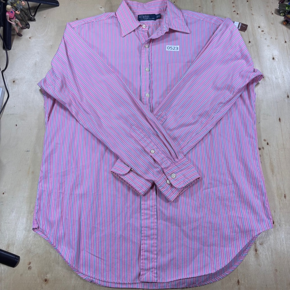 Polo Ralph Lauren Mens 16 34/35 Pink Blue Striped Long Sleeve Button Down Shirt